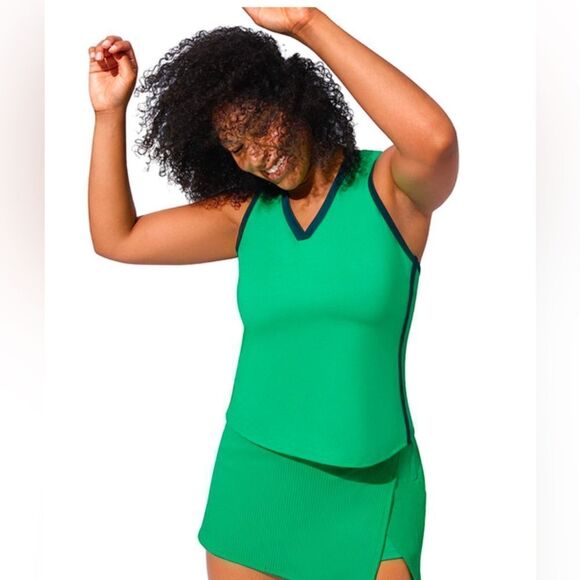NWT EleVen Venus Williams Green Navy Trim V Neck Tank Top Cut Out Back - Size M - Picture 3 of 9